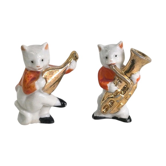 The Unbranded Brand Other - 1920's Cat Kitty Porcelain Jazz Band Figurines Made In Japan‎ Gold Instruments